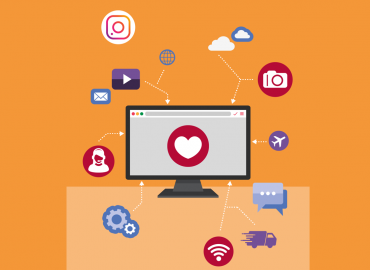 Illustration showing desktop computer surrounded by icons