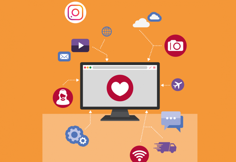 Illustration showing desktop computer surrounded by icons