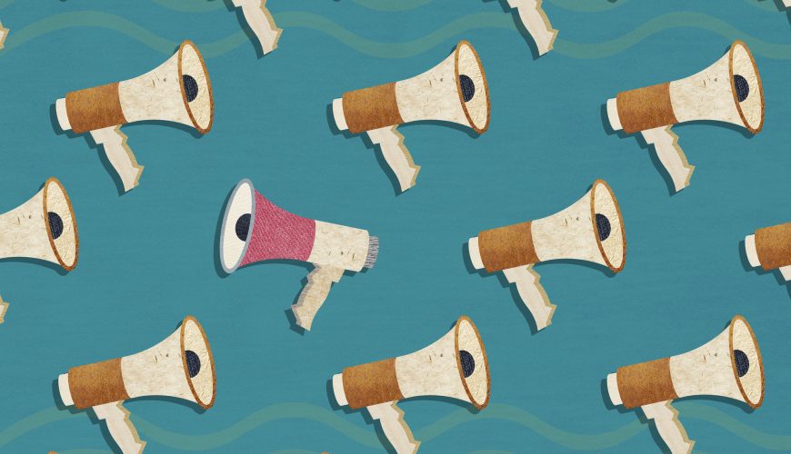 A pattern of megaphones with one megaphone facing in the opposite direction to the rest. A Composite image made of photographic textures and drawn elements
