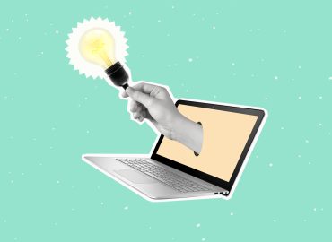 Modern art collage of a hand holding a light bulb and laptop.