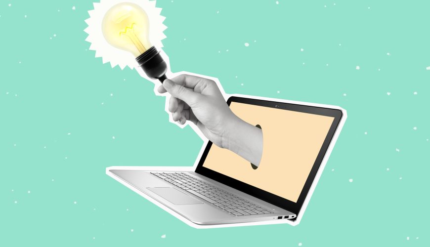 Modern art collage of a hand holding a light bulb and laptop.